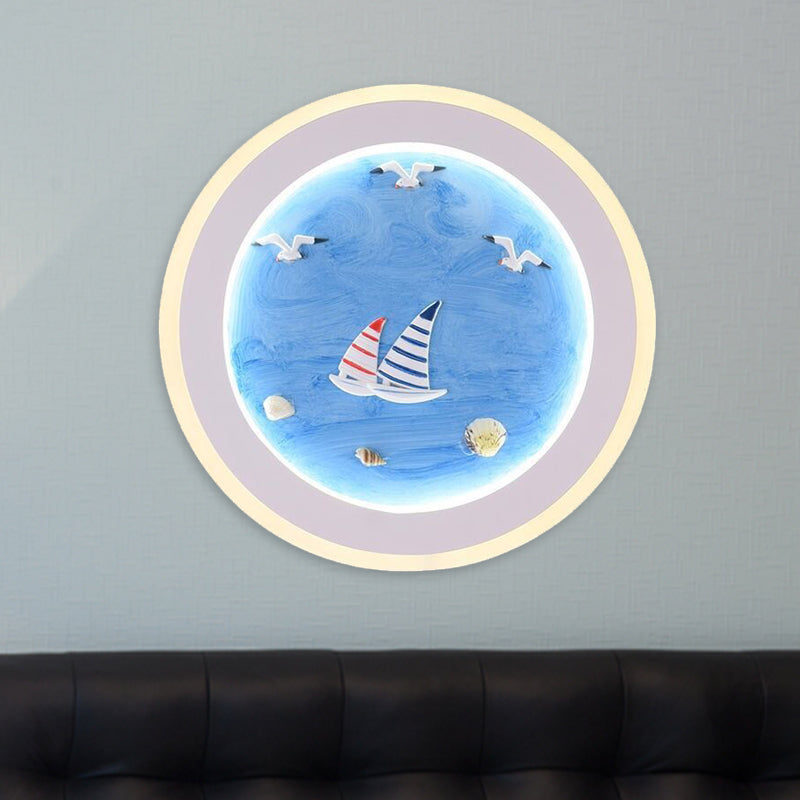 Lisslune | Navy Striped Sailboat Wall Art Light Acrylic Children's Room LED Round Wall Lamp in Blue