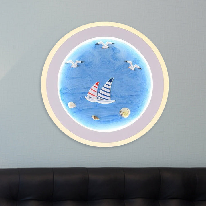 Lisslune | Navy Striped Sailboat Wall Art Light Acrylic Children's Room LED Round Wall Lamp in Blue
