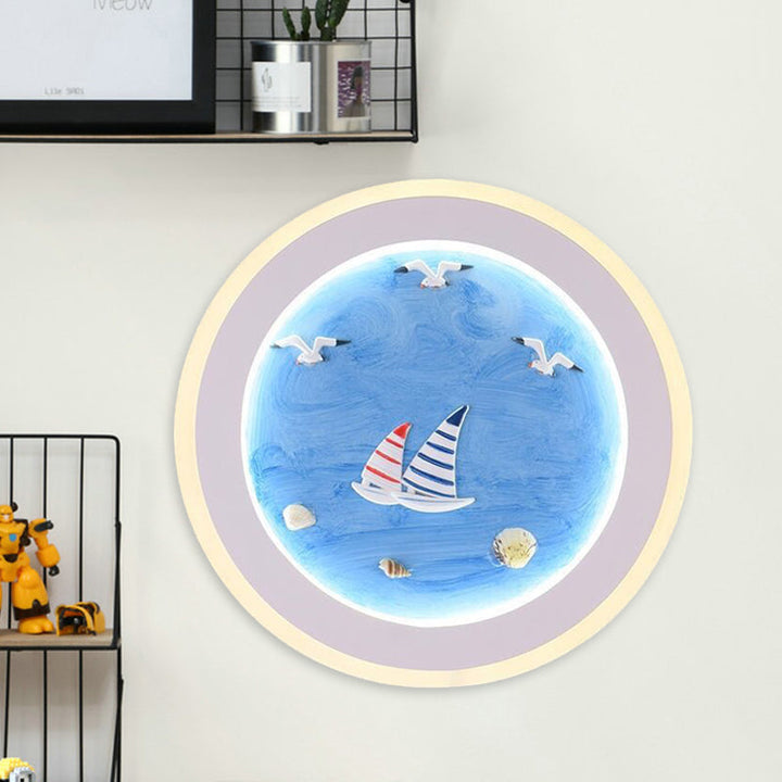Lisslune | Navy Striped Sailboat Wall Art Light Acrylic Children's Room LED Round Wall Lamp in Blue