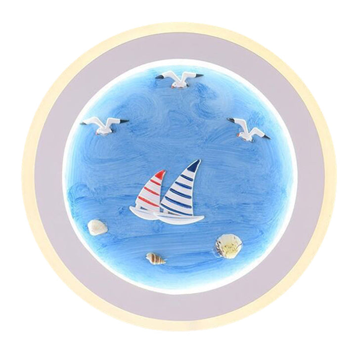 Lisslune | Navy Striped Sailboat Wall Art Light Acrylic Children's Room LED Round Wall Lamp in Blue