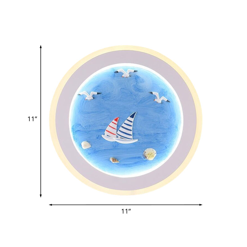 Lisslune | Navy Striped Sailboat Wall Art Light Acrylic Children's Room LED Round Wall Lamp in Blue