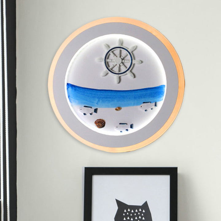 Lisslune | White Coastal Landscape Wall Picture Lamp Decorative Acrylic LED Round Wall Mount Lighting for Bedroom