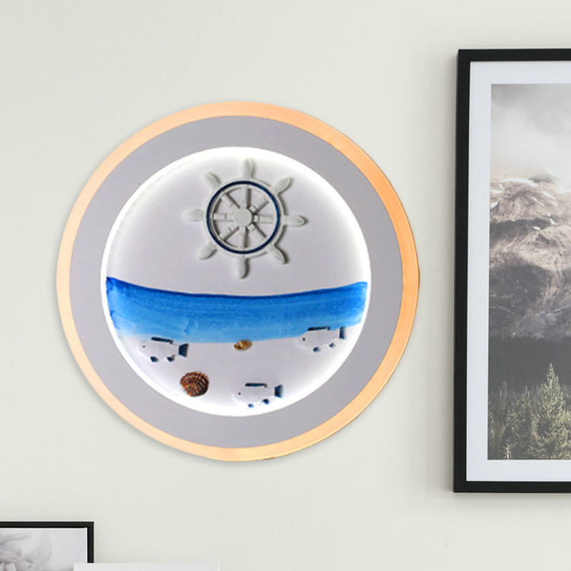Lisslune | White Coastal Landscape Wall Picture Lamp Decorative Acrylic LED Round Wall Mount Lighting for Bedroom
