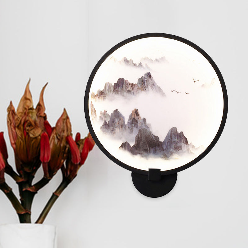 Skørter | Misty Mountain/Lake Metal Wall Art Lighting Asia Black LED Hoop Wall Mounted Lamp for Bedroom Decoration