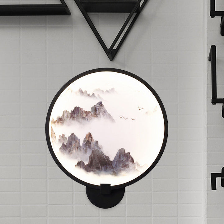 Skørter | Misty Mountain/Lake Metal Wall Art Lighting Asia Black LED Hoop Wall Mounted Lamp for Bedroom Decoration