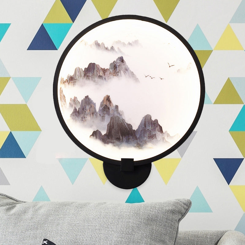 Skørter | Misty Mountain/Lake Metal Wall Art Lighting Asia Black LED Hoop Wall Mounted Lamp for Bedroom Decoration