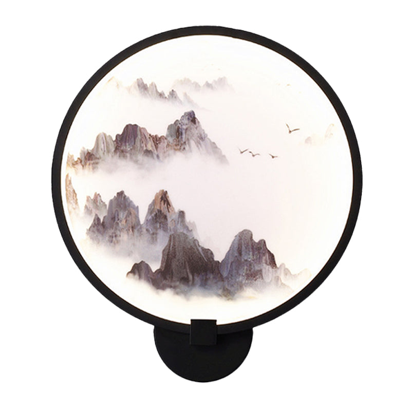 Skørter | Misty Mountain/Lake Metal Wall Art Lighting Asia Black LED Hoop Wall Mounted Lamp for Bedroom Decoration