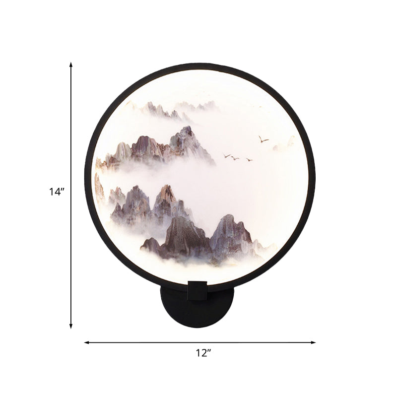 Skørter | Misty Mountain/Lake Metal Wall Art Lighting Asia Black LED Hoop Wall Mounted Lamp for Bedroom Decoration