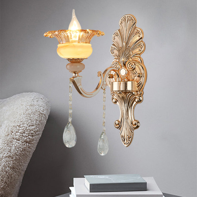 Skørter | 1/2-head wall lamp Mid-Century floral crystal wall lighting idea in gold for bedside table