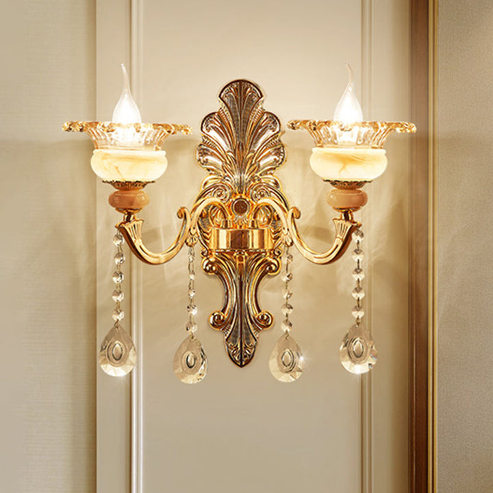 Skørter | 1/2-head wall lamp Mid-Century floral crystal wall lighting idea in gold for bedside table