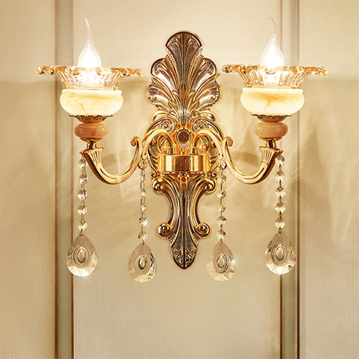 Skørter | 1/2-head wall lamp Mid-Century floral crystal wall lighting idea in gold for bedside table