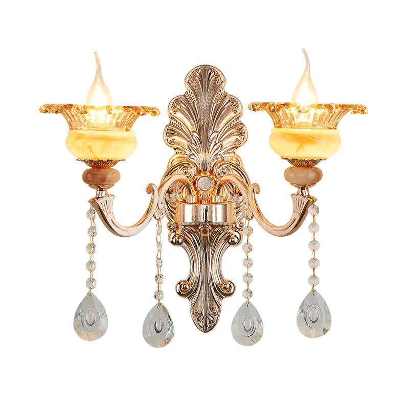 Skørter | 1/2-head wall lamp Mid-Century floral crystal wall lighting idea in gold for bedside table