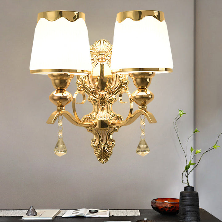 Lisslune | 2-Lamp Wall Spotlights with Barrel Shade Opal Glass Postmodern Bedroom Wall Lamp in Gold