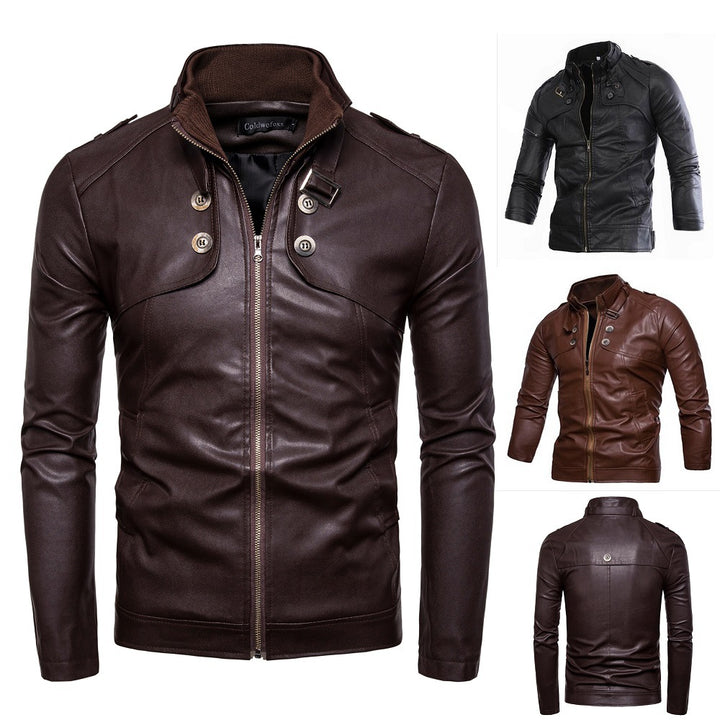 Men's fashionable synthetic leather jacket with asymmetric zipper and quilted seams Lisslune