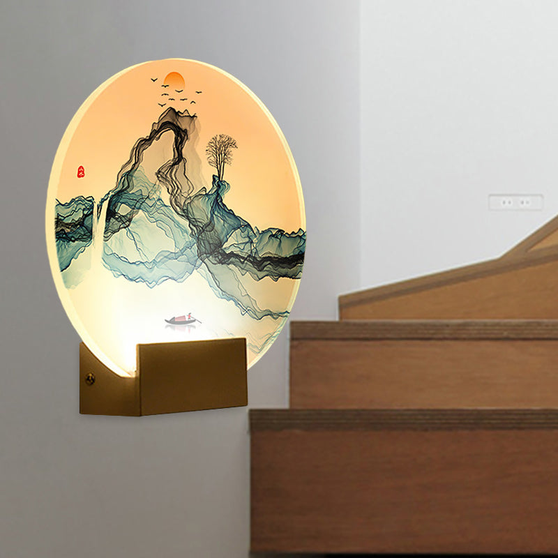 Skørter | Blue Round Wall Mural Lamp Chinese Style LED Acrylic Wall Light with Mountain and Sun Pattern