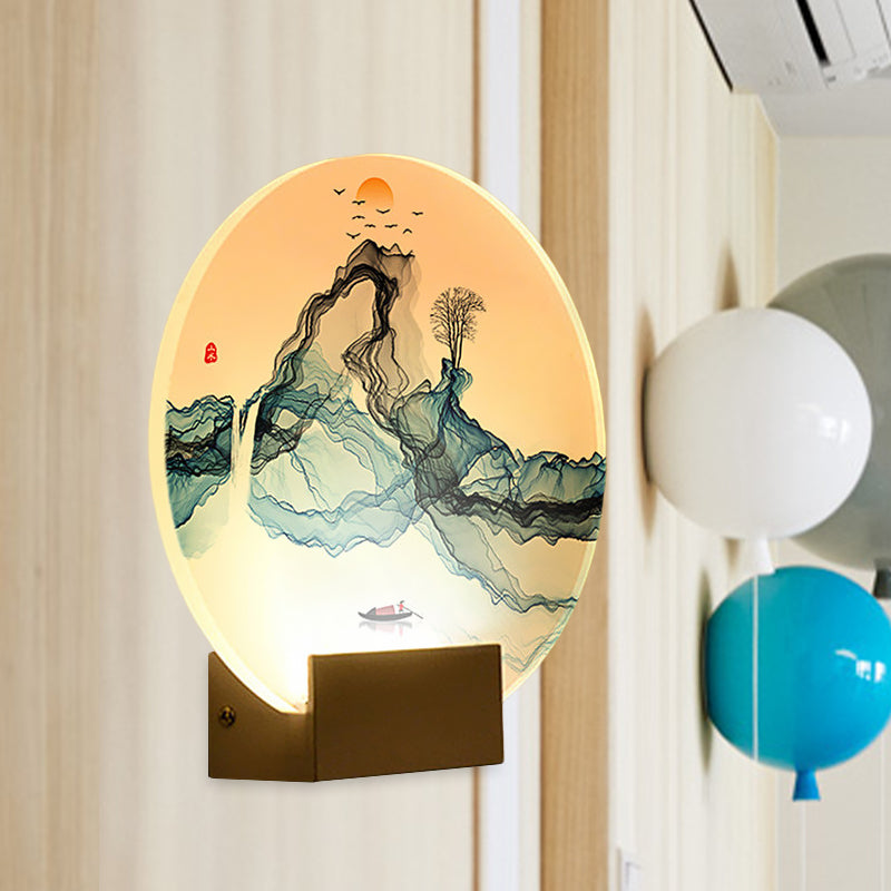 Skørter | Blue Round Wall Mural Lamp Chinese Style LED Acrylic Wall Light with Mountain and Sun Pattern