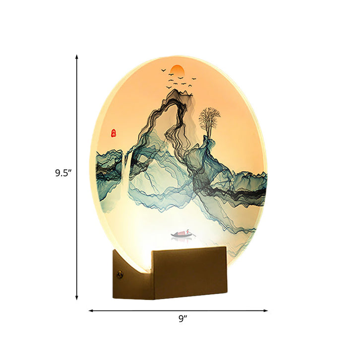 Skørter | Blue Round Wall Mural Lamp Chinese Style LED Acrylic Wall Light with Mountain and Sun Pattern