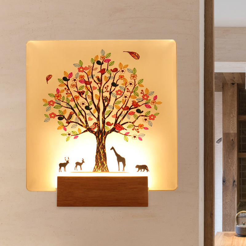 Skørter | Wood Square Tree and Animal Wall Mural Light Chinese Style LED Acrylic Wall Lighting Fixture