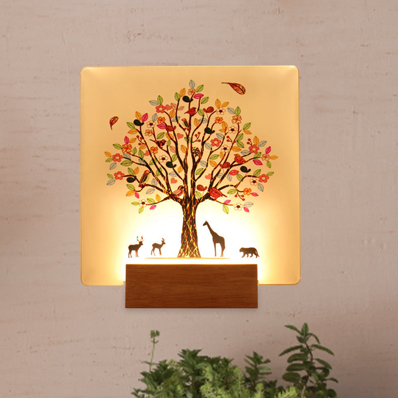 Skørter | Wood Square Tree and Animal Wall Mural Light Chinese Style LED Acrylic Wall Lighting Fixture