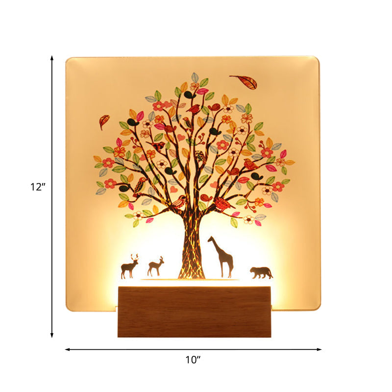 Skørter | Wood Square Tree and Animal Wall Mural Light Chinese Style LED Acrylic Wall Lighting Fixture
