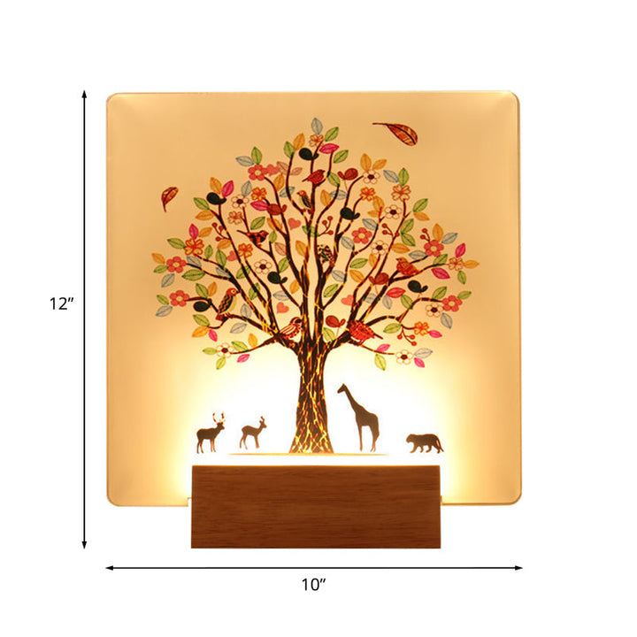 Skørter | Wood Square Tree and Animal Wall Mural Light Chinese Style LED Acrylic Wall Lighting Fixture