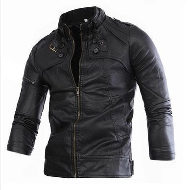 Men's fashionable synthetic leather jacket with asymmetric zipper and quilted seams Lisslune
