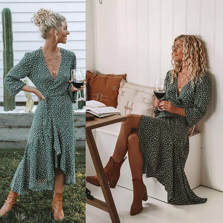 Women’s wrap dress with flowing skirt and V-neck