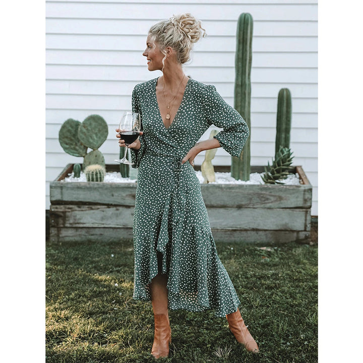 Women’s wrap dress with flowing skirt and V-neck
