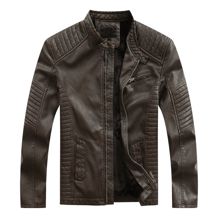 Men's stylish biker jacket made of synthetic leather with intricate quilted seams Lisslune