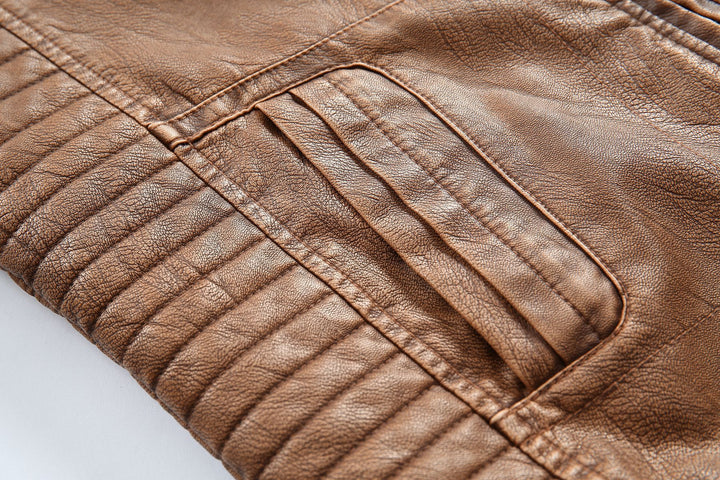 Men's stylish biker jacket made of synthetic leather with intricate quilted seams Lisslune
