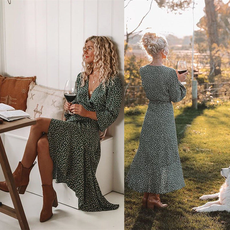 Women’s wrap dress with flowing skirt and V-neck