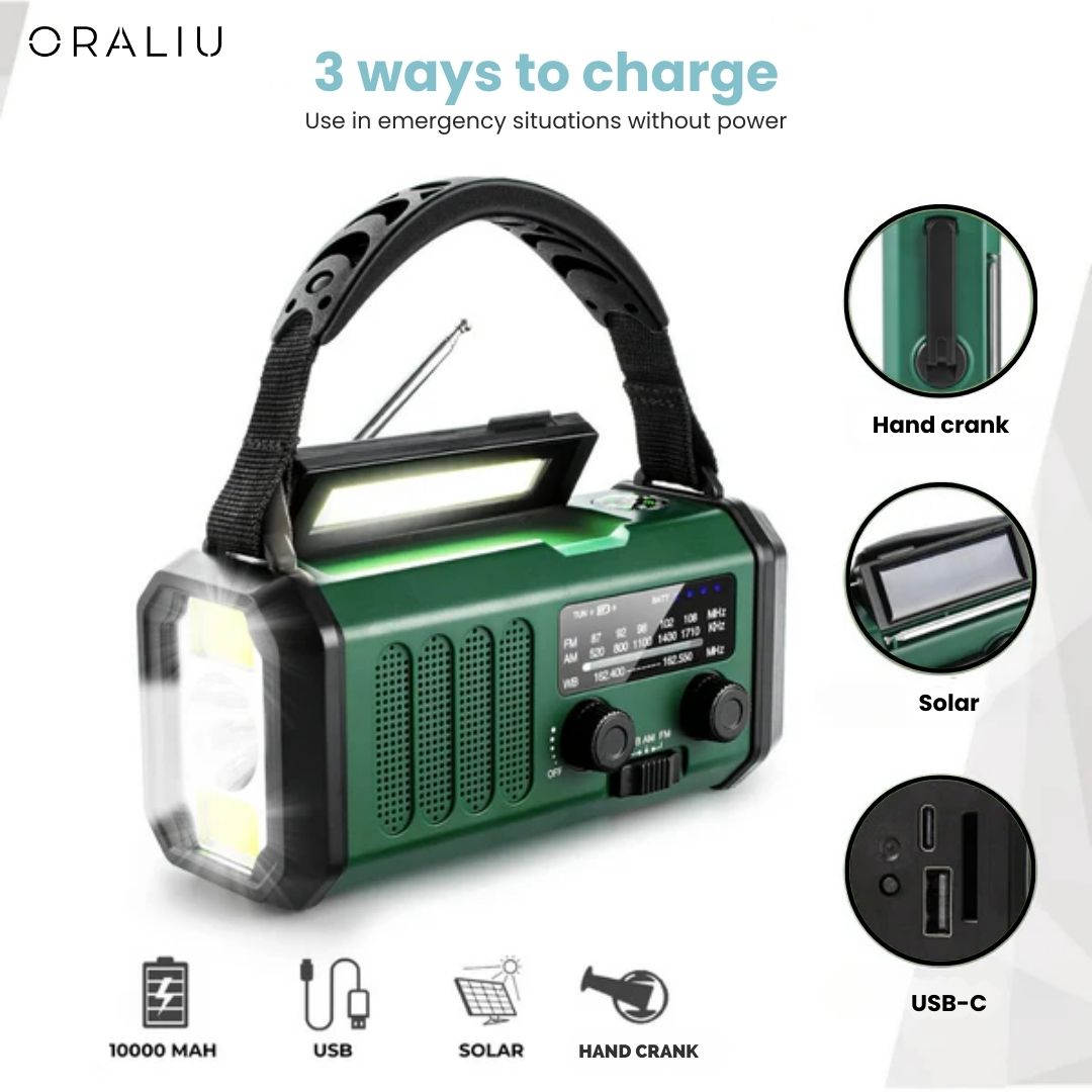 Lisslune | Solar Emergency Radio with Power Bank – Hand Crank & LED Torch for Camping and Outdoor Use
