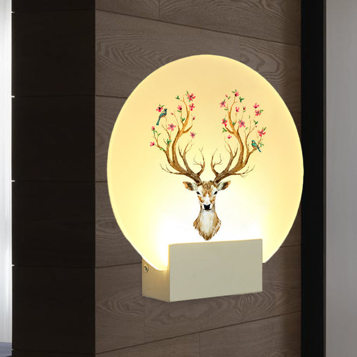 Skørter | Round Guest Room Moose Deer Wall Mural Light Acrylic LED Oriental Style Wall Light Body in White