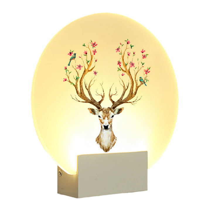 Skørter | Round Guest Room Moose Deer Wall Mural Light Acrylic LED Oriental Style Wall Light Body in White