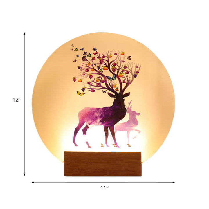 Skørter | Acrylic circular moose pattern wall light fitting Chinese style LED wooden wall lamp for bedroom