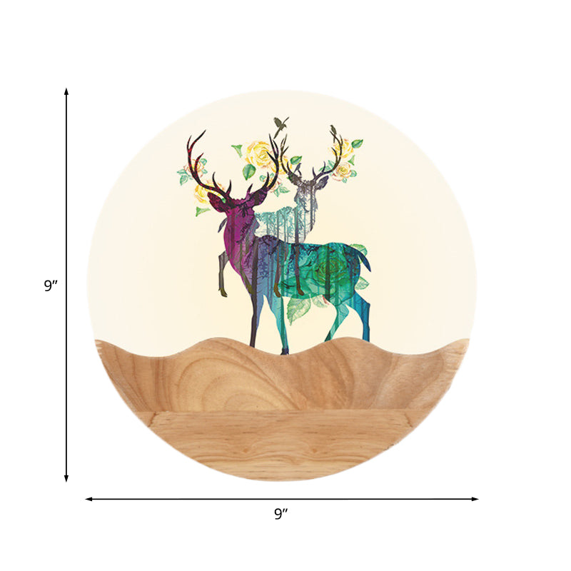 Skørter | Oriental Circular Acrylic Wall Lamp LED Wall Light in Wood with Elk Deer Pattern