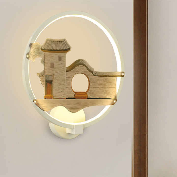 Skørter | Black/White Circular Home Wall Lighting Asian Style LED Metal Wall Mural Lamp for Guest Room