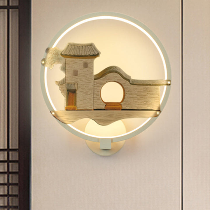 Skørter | Black/White Circular Home Wall Lighting Asian Style LED Metal Wall Mural Lamp for Guest Room