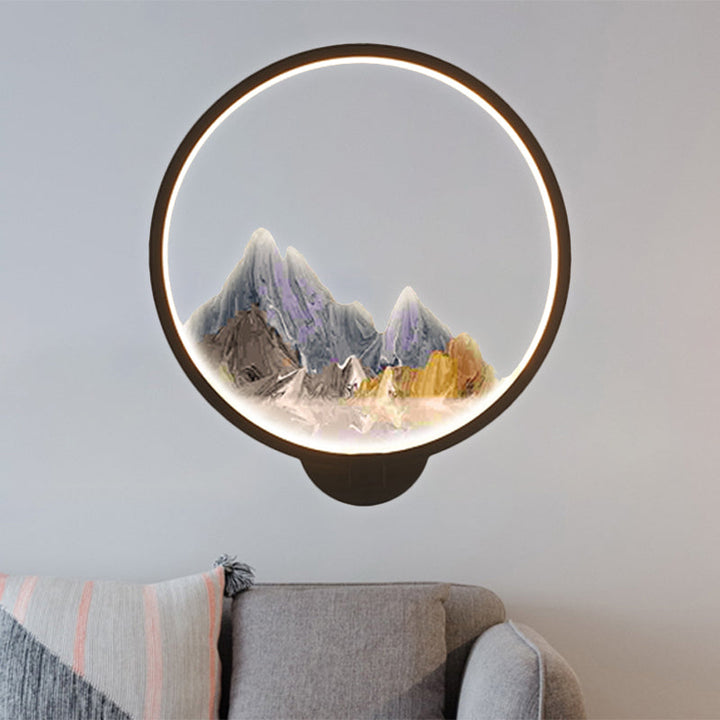 Skørter | LED Corridor Wall Mural Lamp Chinese Style Black/White Mountain Pattern Wall Lighting Idea with Round Metal Cover