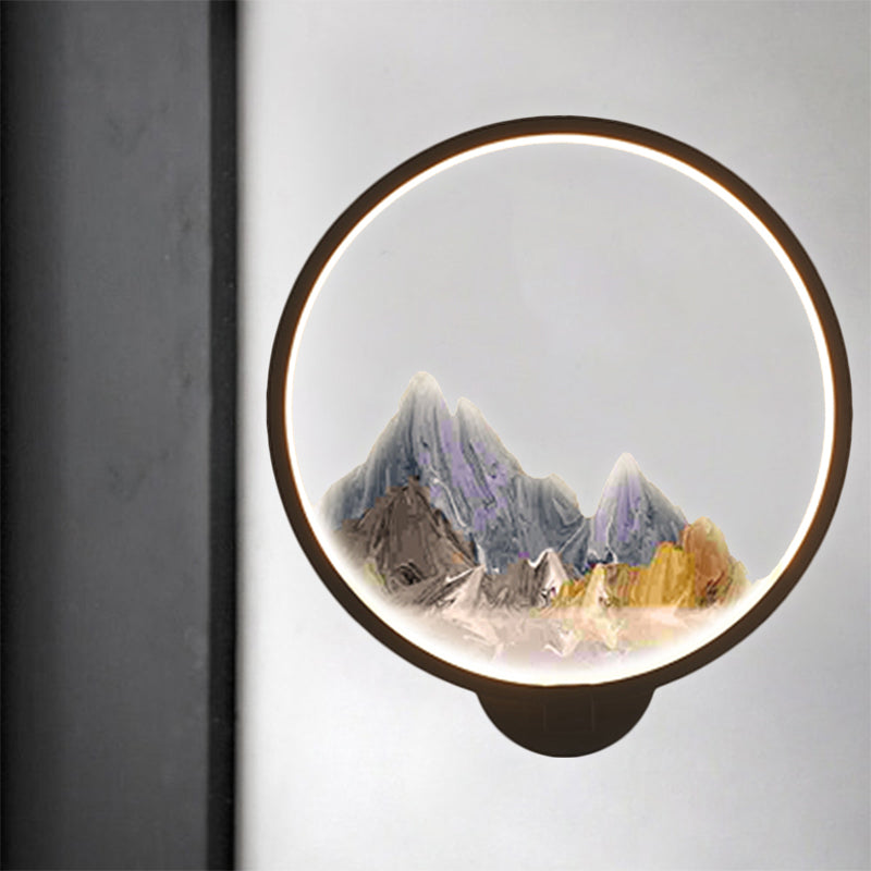Skørter | LED Corridor Wall Mural Lamp Chinese Style Black/White Mountain Pattern Wall Lighting Idea with Round Metal Cover