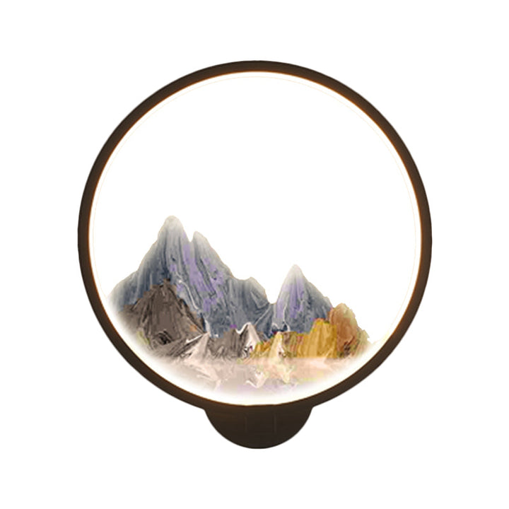 Skørter | LED Corridor Wall Mural Lamp Chinese Style Black/White Mountain Pattern Wall Lighting Idea with Round Metal Cover