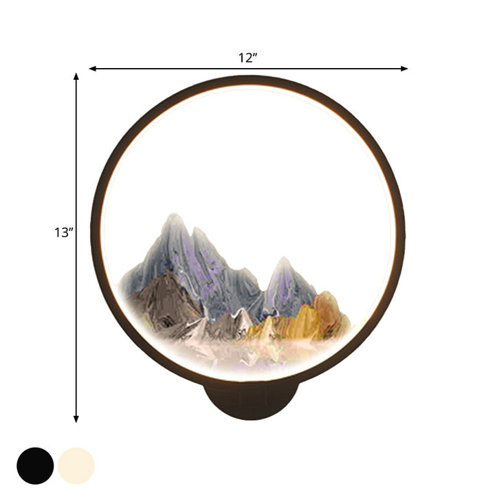 Skørter | LED Corridor Wall Mural Lamp Chinese Style Black/White Mountain Pattern Wall Lighting Idea with Round Metal Cover