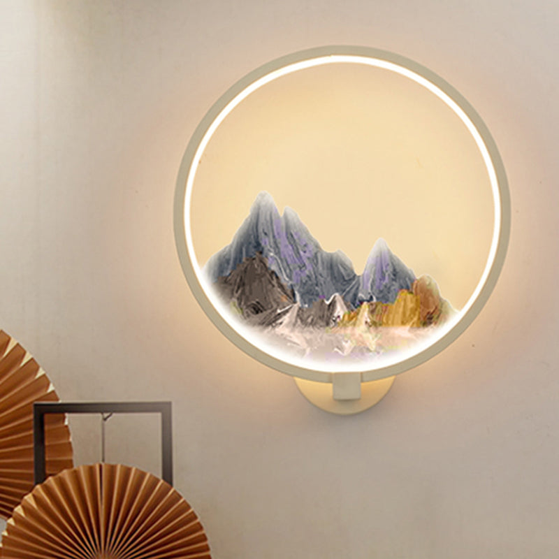 Skørter | LED Corridor Wall Mural Lamp Chinese Style Black/White Mountain Pattern Wall Lighting Idea with Round Metal Cover