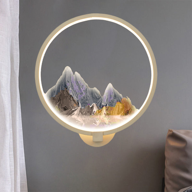 Skørter | LED Corridor Wall Mural Lamp Chinese Style Black/White Mountain Pattern Wall Lighting Idea with Round Metal Cover