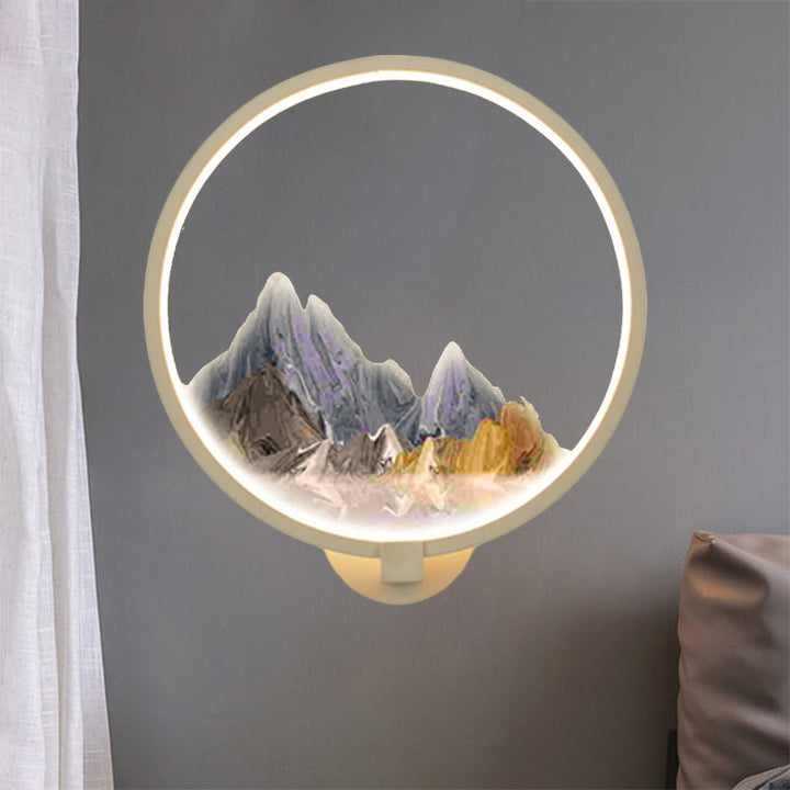 Skørter | LED Corridor Wall Mural Lamp Chinese Style Black/White Mountain Pattern Wall Lighting Idea with Round Metal Cover