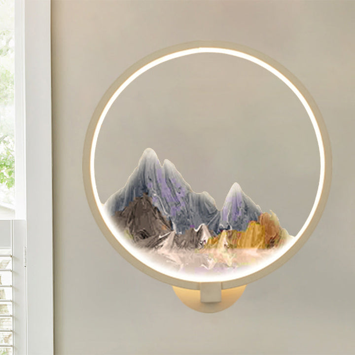 Skørter | LED Corridor Wall Mural Lamp Chinese Style Black/White Mountain Pattern Wall Lighting Idea with Round Metal Cover