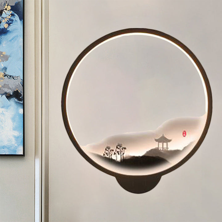 Skørter | LED Corridor Wall Mural Lamp Chinese Style Black/White Mountain Pattern Wall Lighting Idea with Round Metal Cover