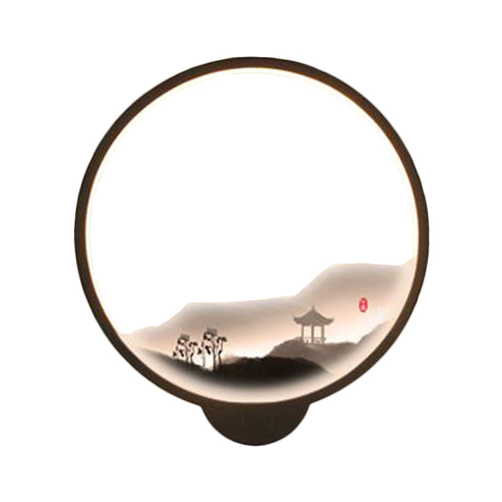 Skørter | LED Corridor Wall Mural Lamp Chinese Style Black/White Mountain Pattern Wall Lighting Idea with Round Metal Cover