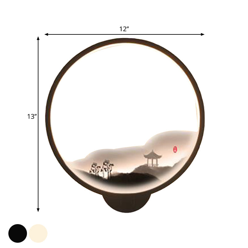 Skørter | LED Corridor Wall Mural Lamp Chinese Style Black/White Mountain Pattern Wall Lighting Idea with Round Metal Cover