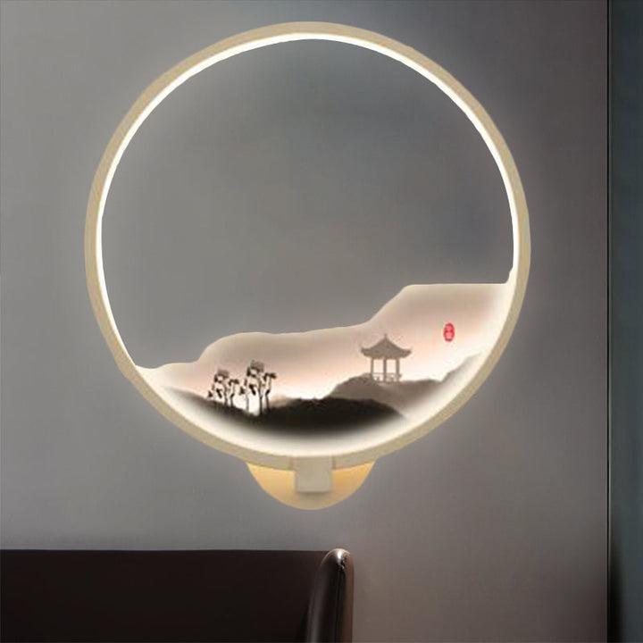 Skørter | LED Corridor Wall Mural Lamp Chinese Style Black/White Mountain Pattern Wall Lighting Idea with Round Metal Cover